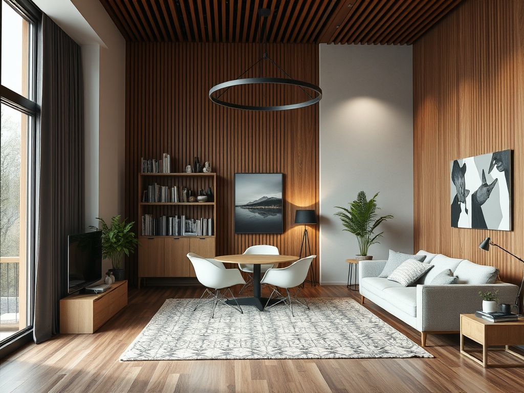 Современный интерьер гостиной с деревянными стенами, круглым столом и уютной мебелью. Зелёные растения добавляют жизни.