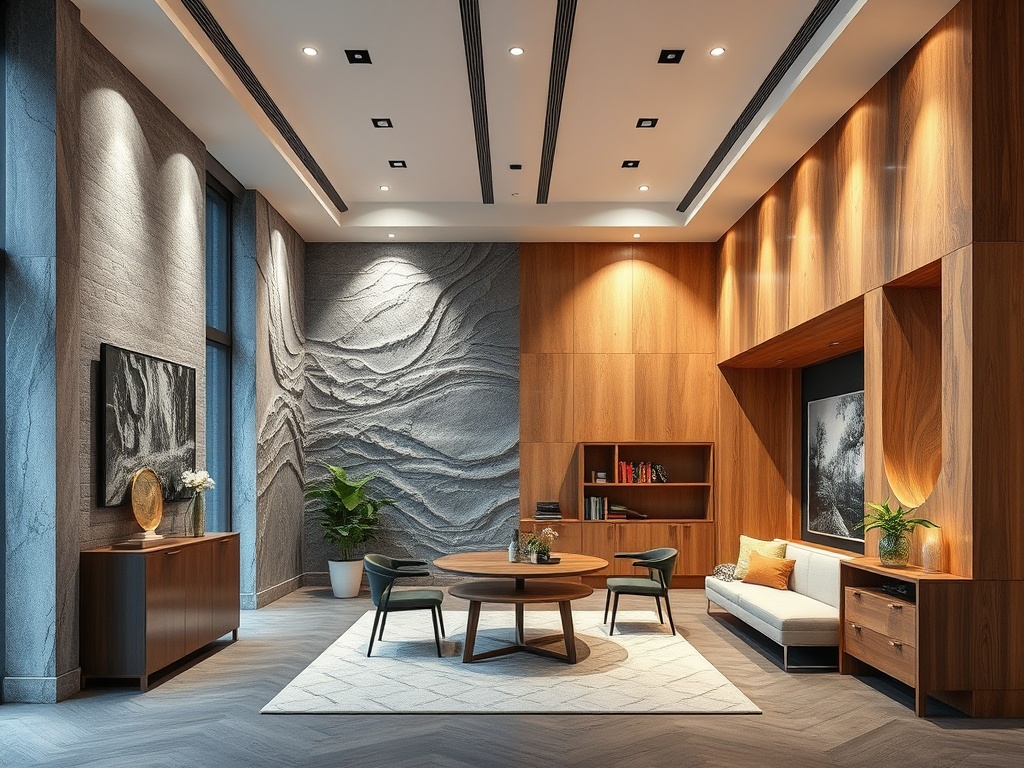 Современный интерьер комнаты с деревянными стенами, столом и уютной зоной для отдыха. Элементы декора и растения.