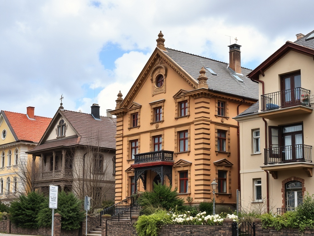 Три разных дома с красивой архитектурой, цветущими растениями и облачным небом на фоне.