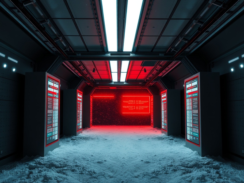 Темный коридор с яркими экранами, окруженный снежным покровом и красным освещением.