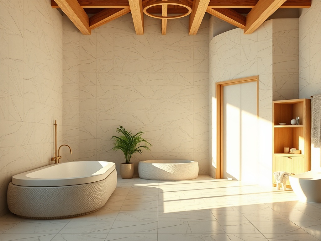 Современная ванная комната с деревянными перекрытиями, большой ванной и зелеными растениями.