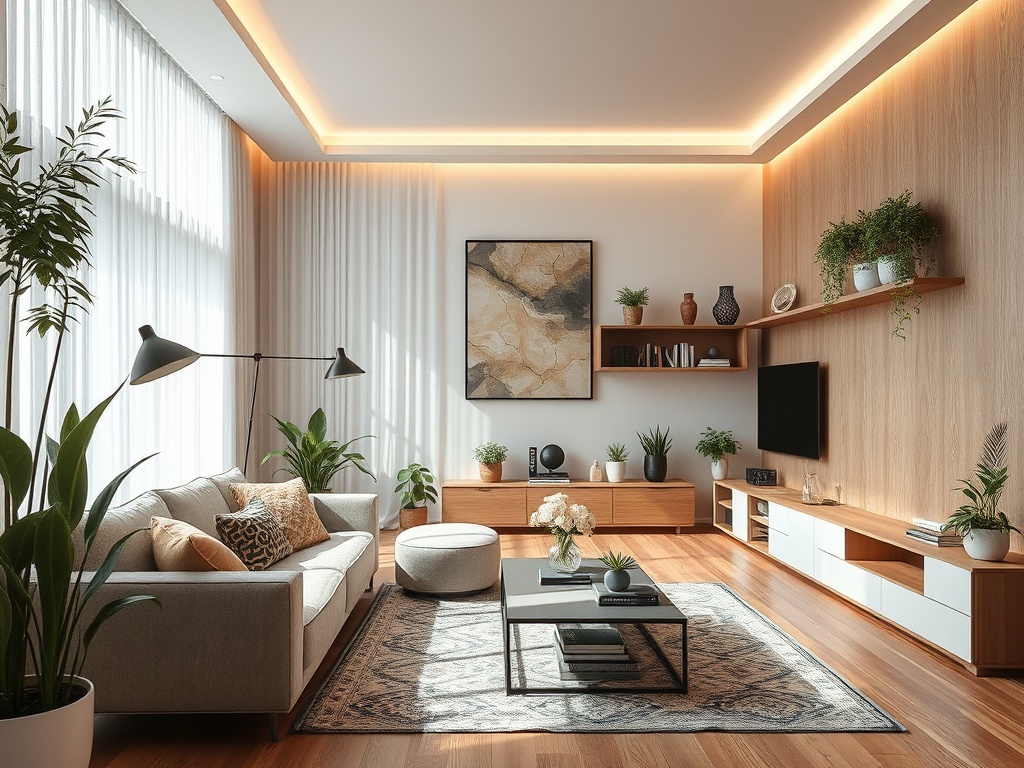 Современная гостиная с зелеными растениями, мягкой мебелью и деревянными элементами, светлая и уютная.