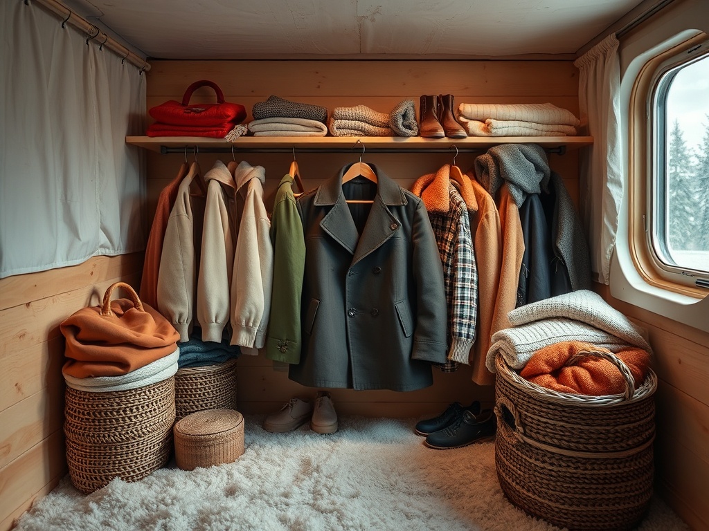 Уютная гардеробная с одеждой на вешалках и аккуратно сложенными вещами в корзинах.