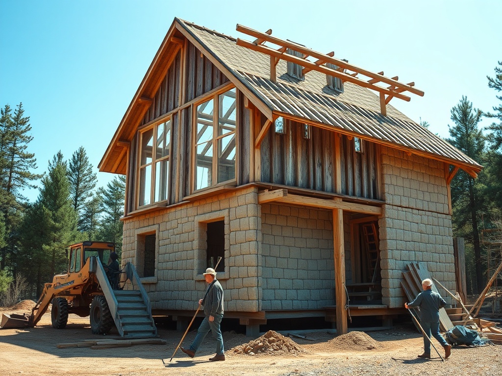 Строительство загородного дома, рабочие с инструментами и строительная техника на фоне леса.