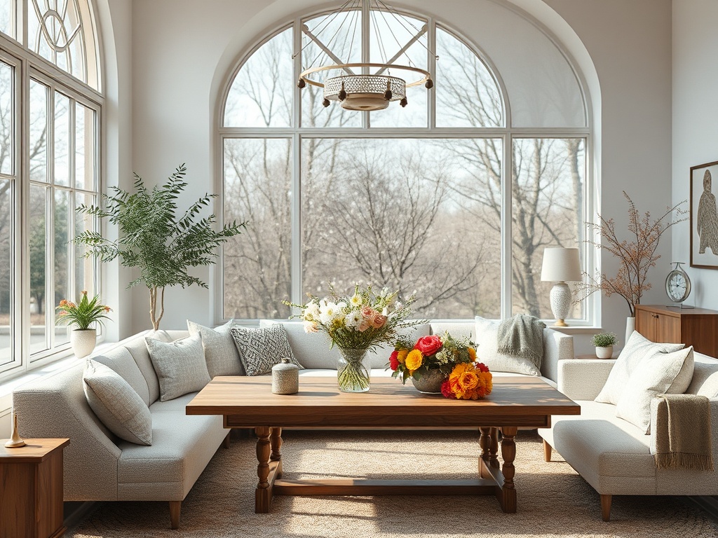 Светлая гостиная с большим окном, деревянным столом и цветочными композициями на столе и подоконнике.