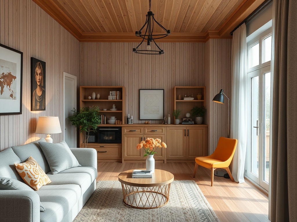 Современный интерьер гостиной с деревянными стенами, уютной мебелью и яркими акцентами.