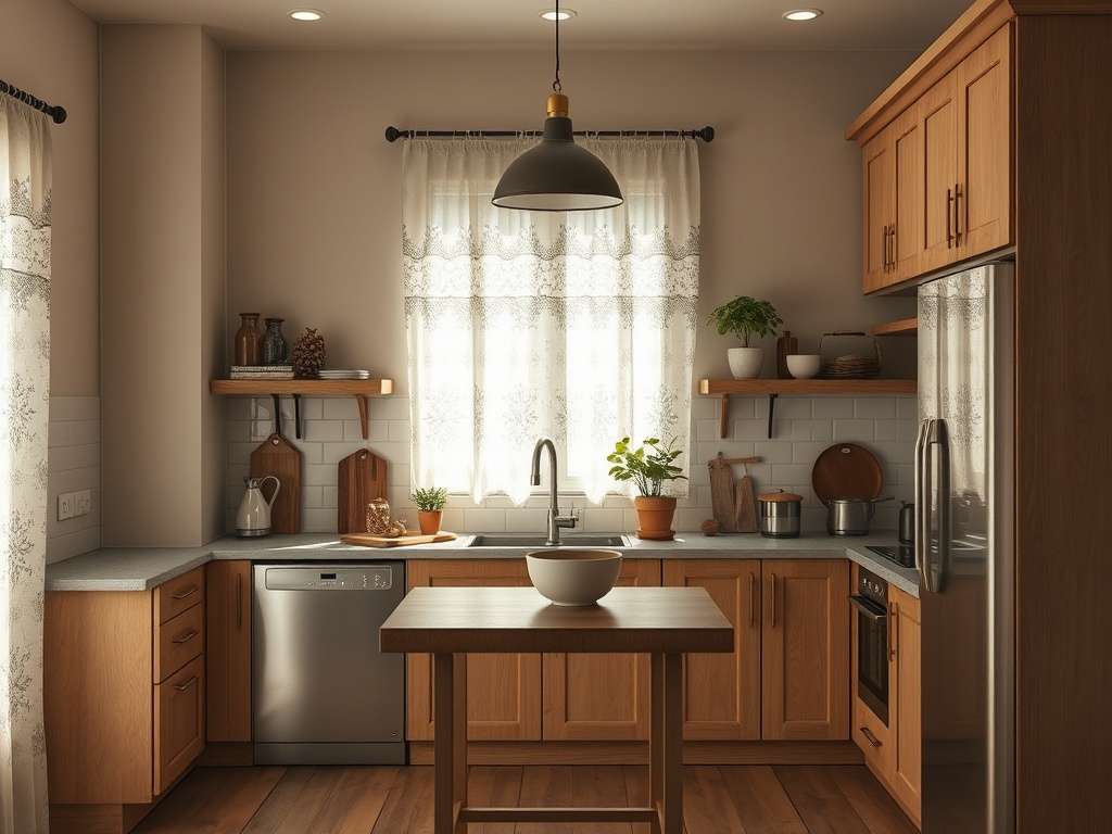 Современная кухня с деревянными шкафами, столом в центре и растениями на окне. Светлый и уютный интерьер.