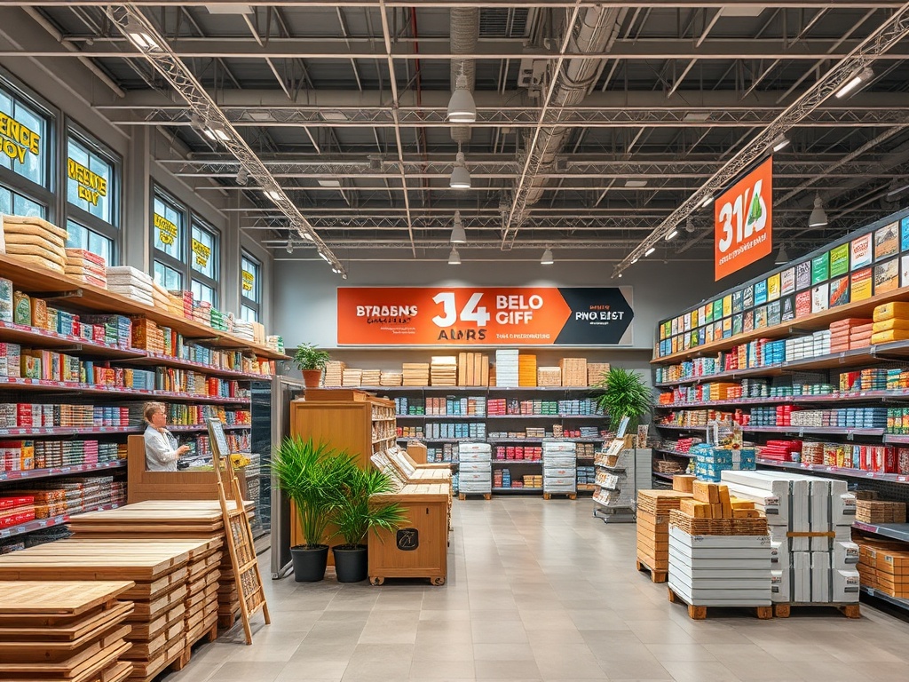 В магазине с яркими полками, полными товаров, работает продавец на фоне зелёных растений.