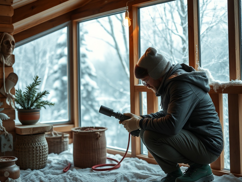 Человек в пледе и шапке фотографирует через окно, за которым снежный пейзаж. Деревянный интерьер.