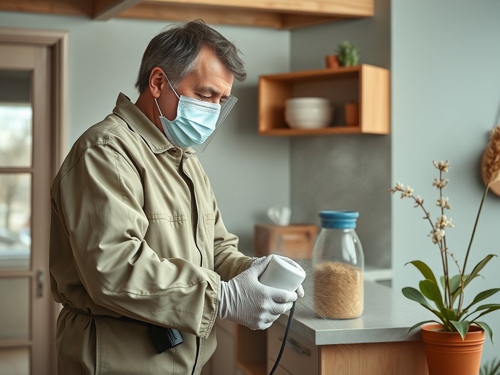 Мужчина в маске и перчатках готовит еду на кухне, держа кухонный прибор в руках. На столе — банка с рисом.