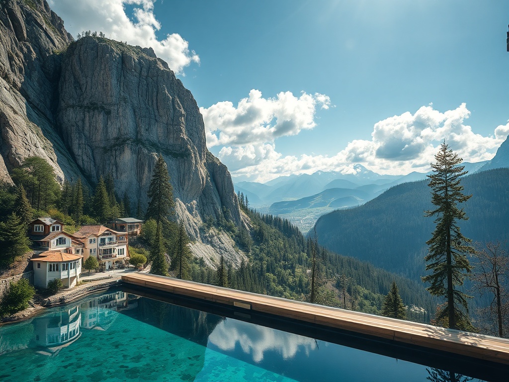 Уютные дома у подножия скалистых гор с видом на горное озеро и леса под ярким небом.
