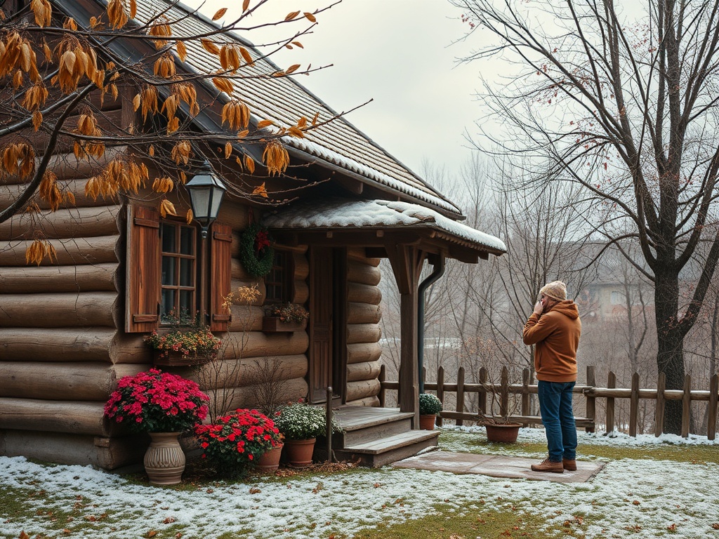 Человек в свитере разговаривает у двери деревянного дома в зимнем окружении с растениями вокруг.