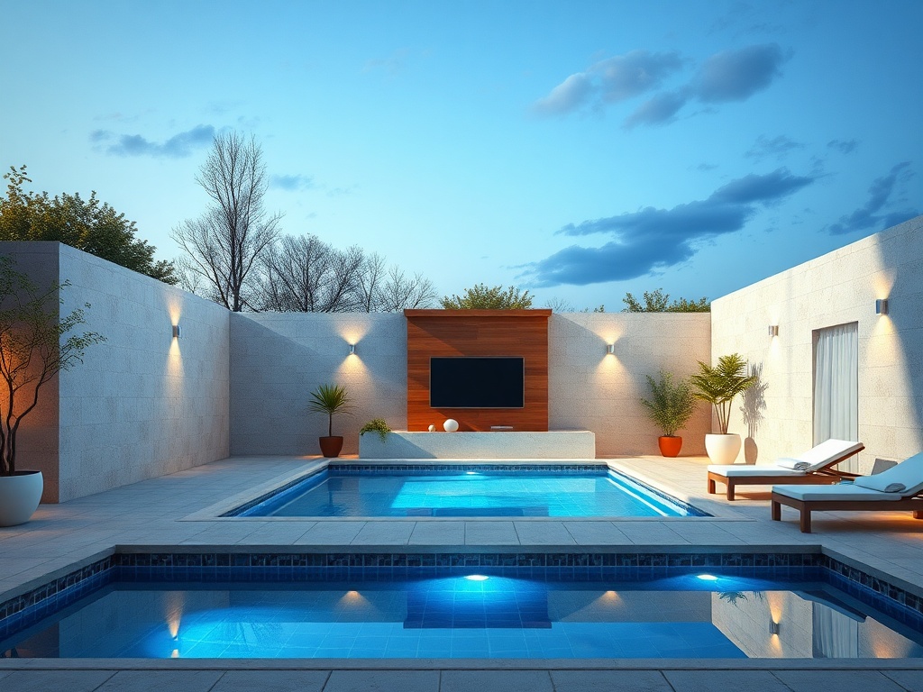 Современный двор с бассейном, мягким освещением и зоной отдыха на закате. Спокойная и уютная атмосфера.
