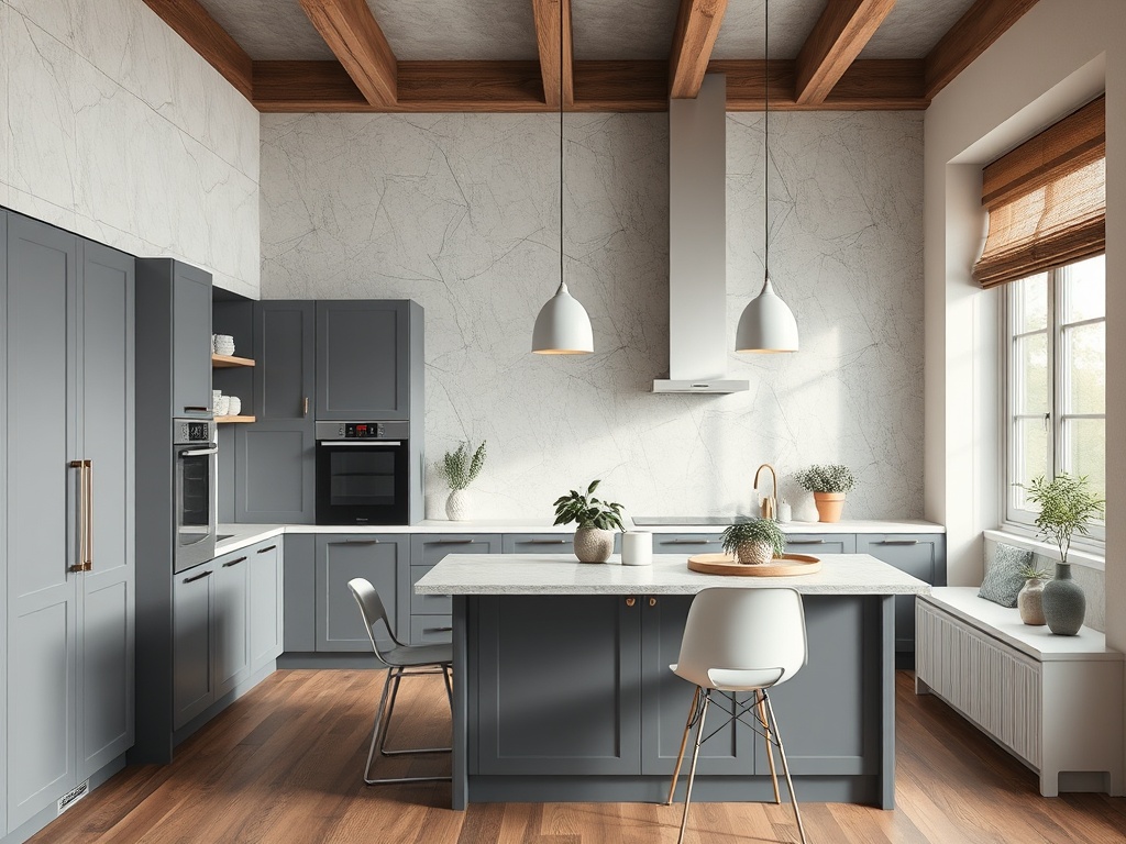 Современная кухня с серыми шкафами, белой столешницей и деревянными элементами на потолке. Стильно и уютно.