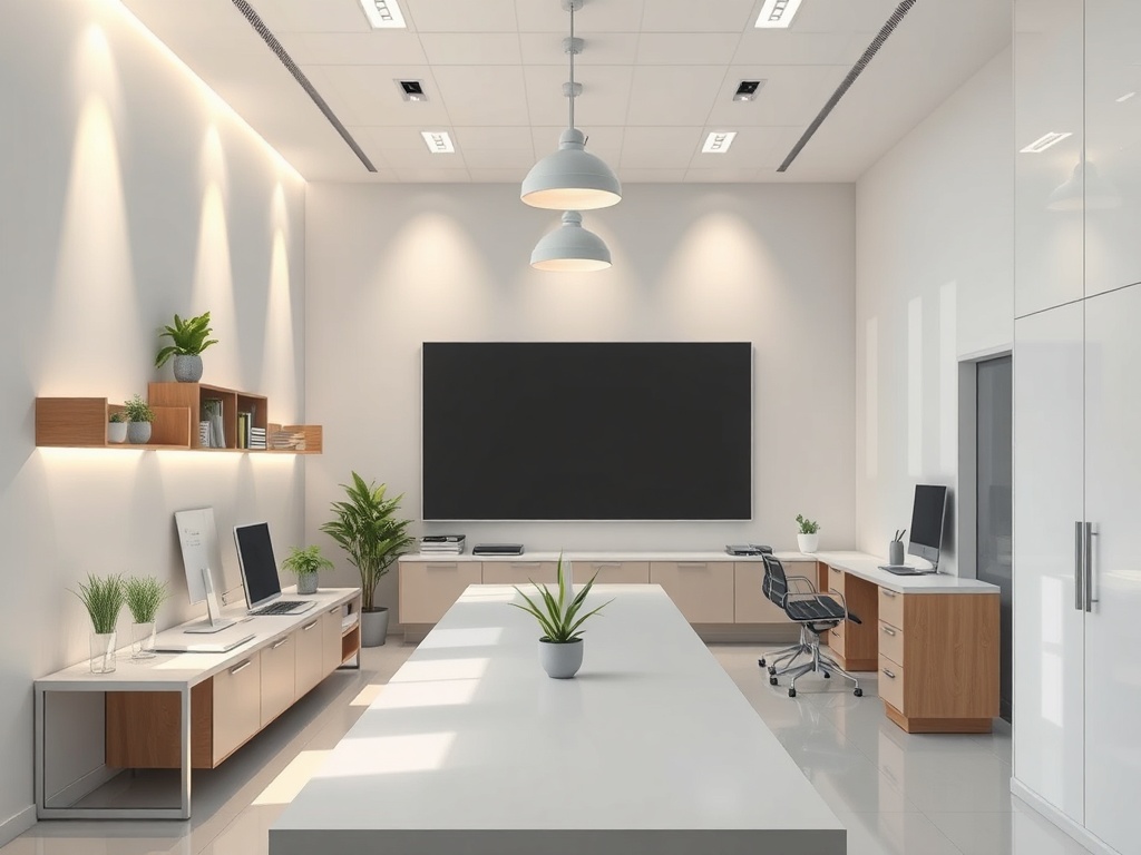 Современный офис с минималистичным дизайном, светлыми стенами и растениями на столах.