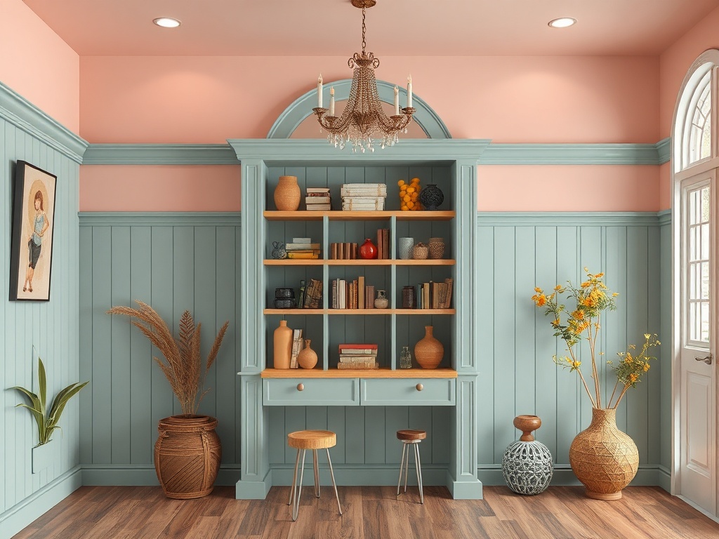 Современный интерьер с бирюзовыми стенами, полками и вазами, оформленный в теплых тонах.