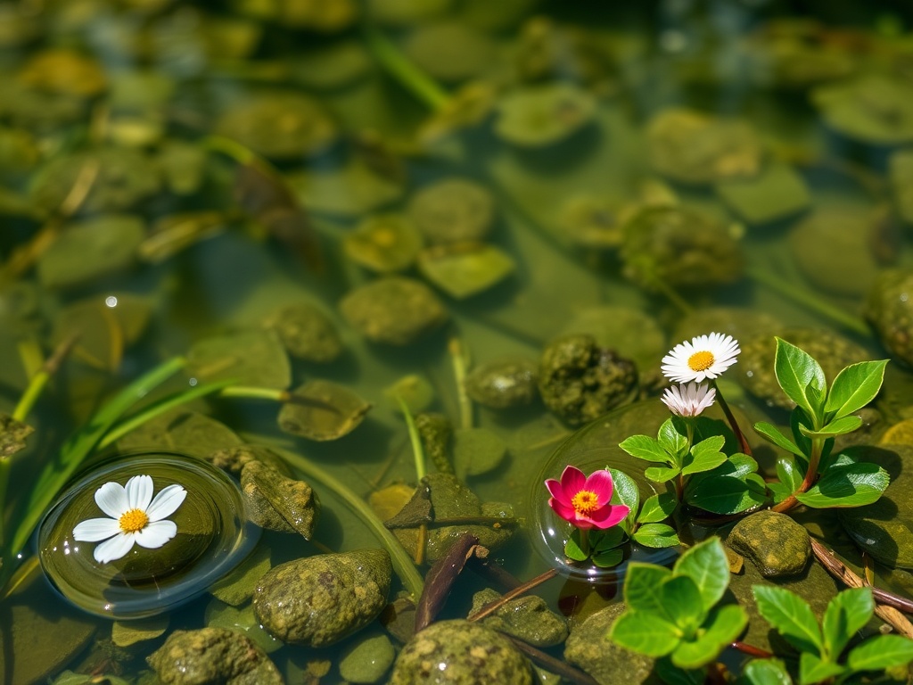 На изображении цветы, растущие на мелководье среди камней и растительности.