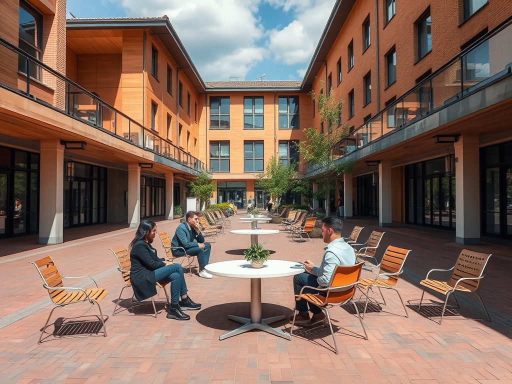 Современный внутренний двор с деревьями и уличной мебелью, люди отдыхают и беседуют.