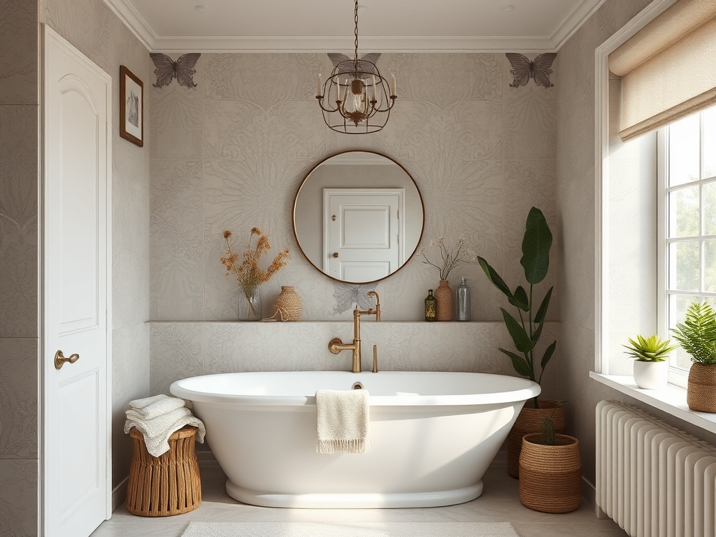 Уютная ванная комната с ванной, растениями и зеркалом в современном стиле, светлая и стильная обстановка.