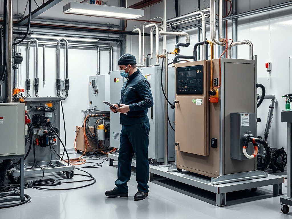 Рабочий в маске проверяет оборудование в высокотехнологичном помещении с множеством труб и аппаратов.