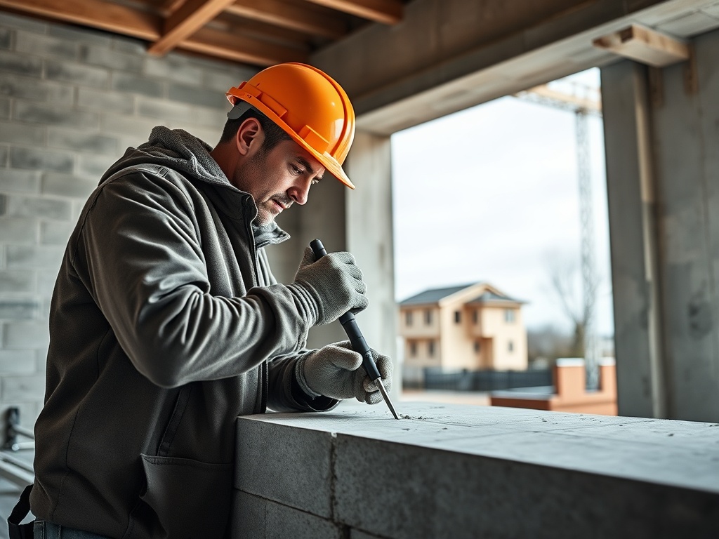 Строитель в каске работает с кирпичами, укладывая их на стену в процессе строительства.