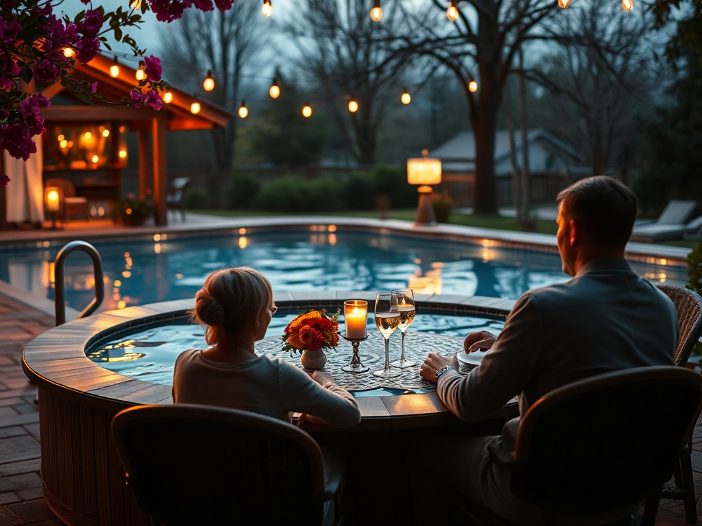 Романтический ужин у бассейна на закате, с цветами и свечами, создающими уютную атмосферу.